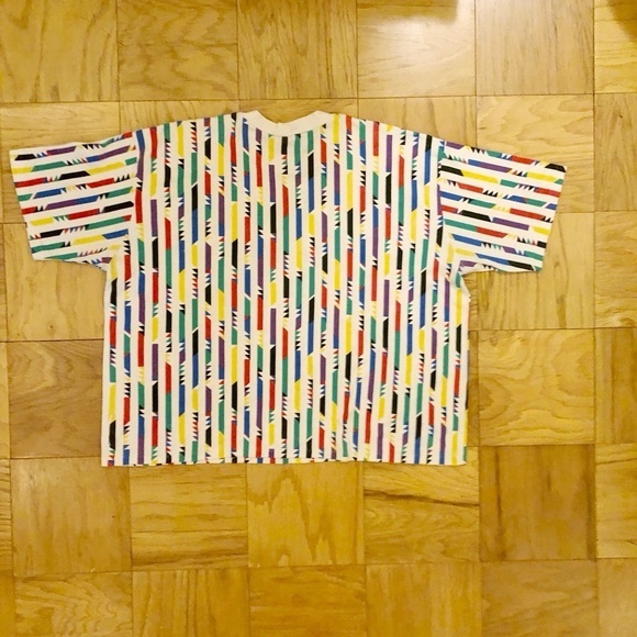 VINTAGE Late 80s Early 90s Funky Geometric Retro Single Thread Ringer T Shirt - Picture 2 of 2